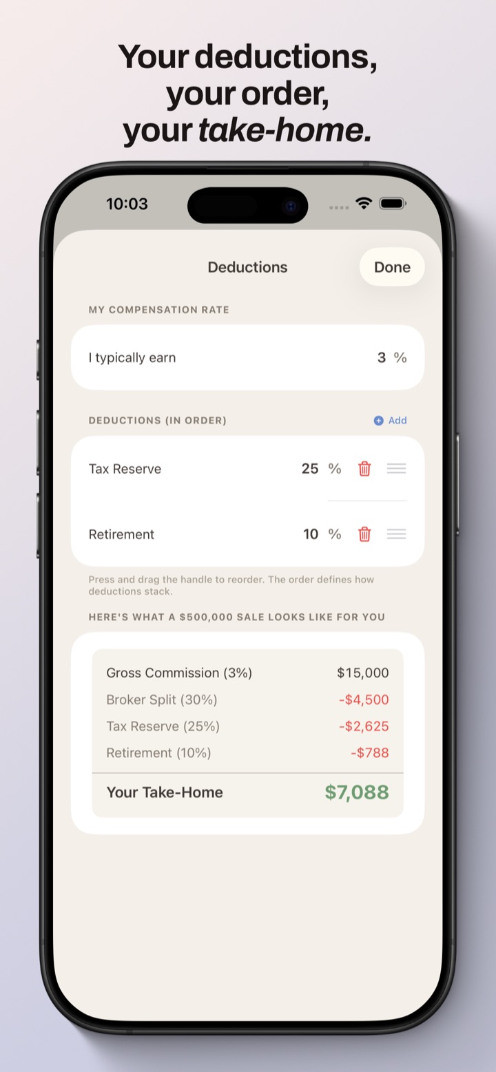 Keyvio deductions editor — compensation rate and deductions that compute your take-home on a sale.
