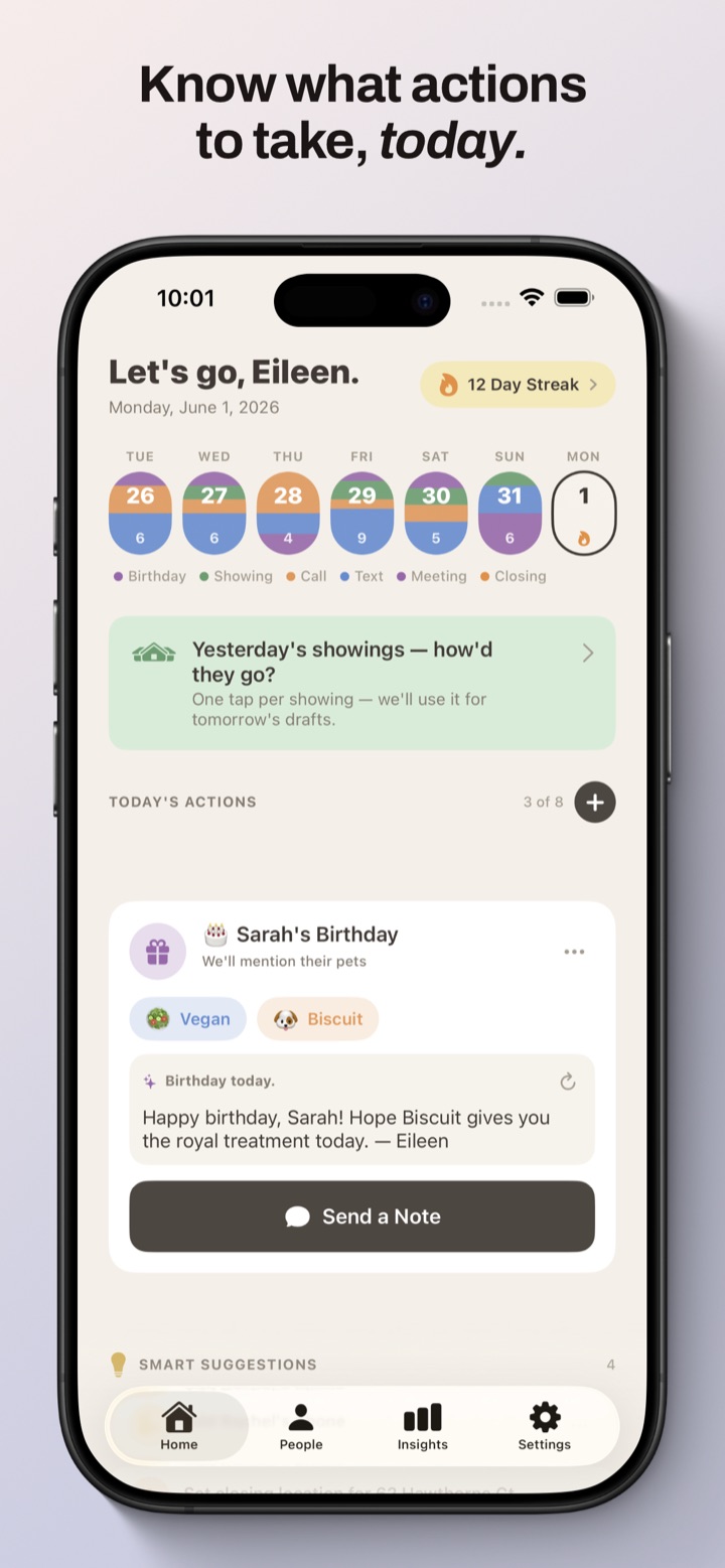 The Keyvio home screen — today's actions, a follow-up streak, and a drafted birthday note ready to send.