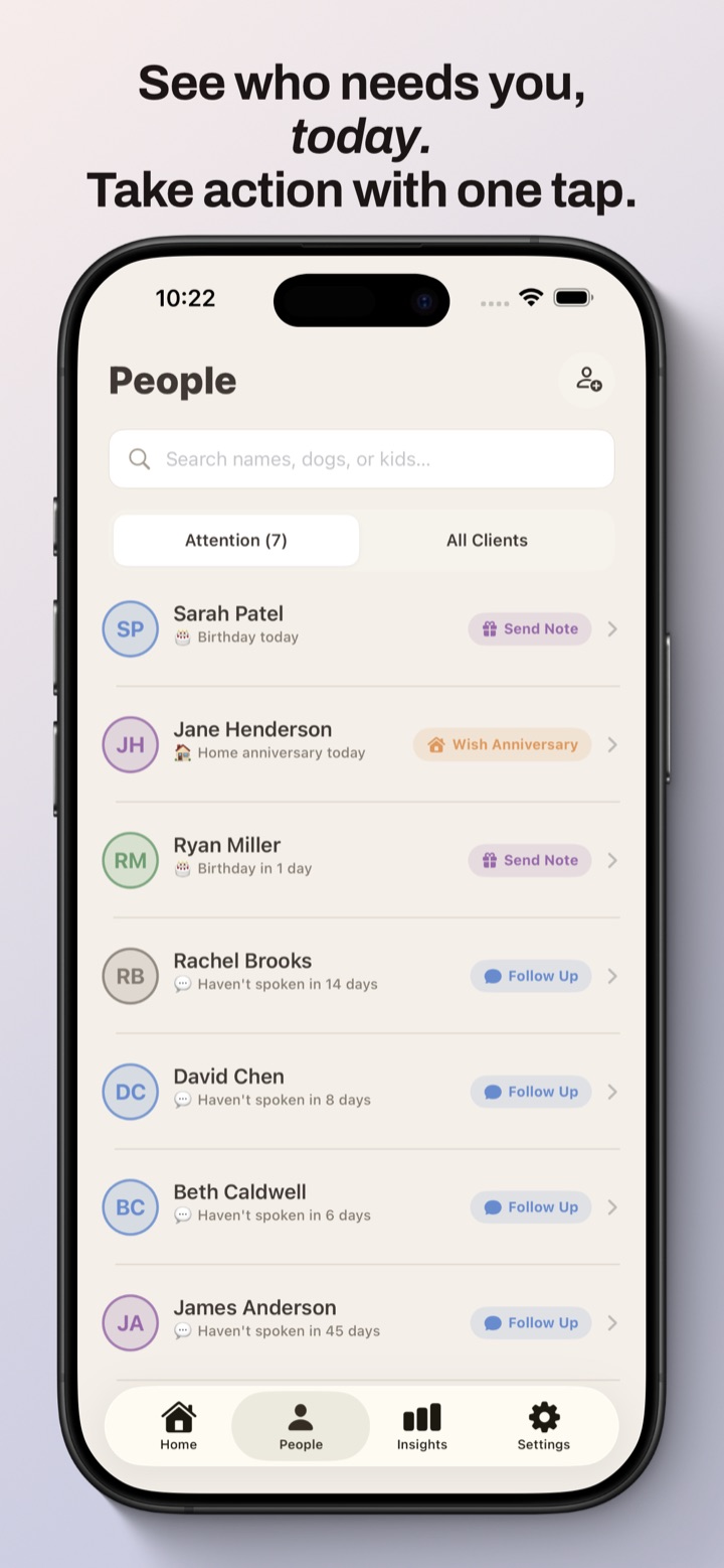 Keyvio People tab — an Attention list showing which clients need a follow-up, birthday wish, or note today.