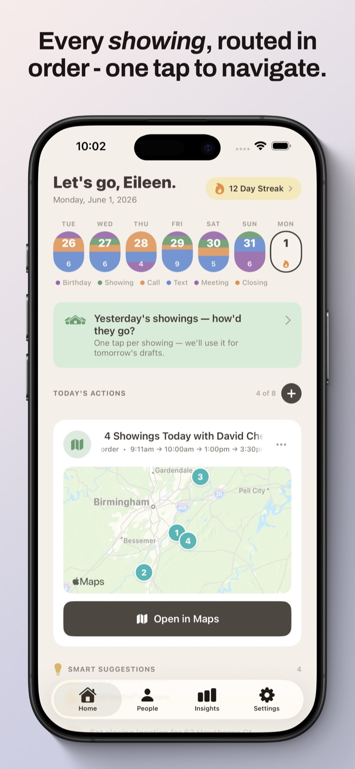 Keyvio home screen with the day's showings routed in order on a map, ready to open in Maps.